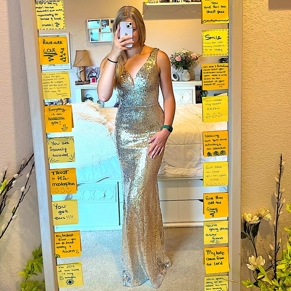 CRYSTAL DOLL Dresses Gold Sequin Mermaid Prom Dress | Color: Gold | Size: 3 |